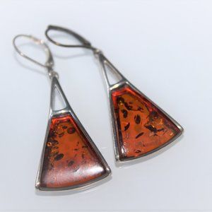 STELRLING SILVER AMBER DROP DANGLE EARRINGS